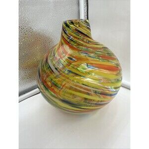 Hand Blown Murano Style Rainbow Multicolored Swirl Abstract Art Glass Vase 7.5”